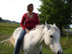 Personne sur un cheval blanc au pré.